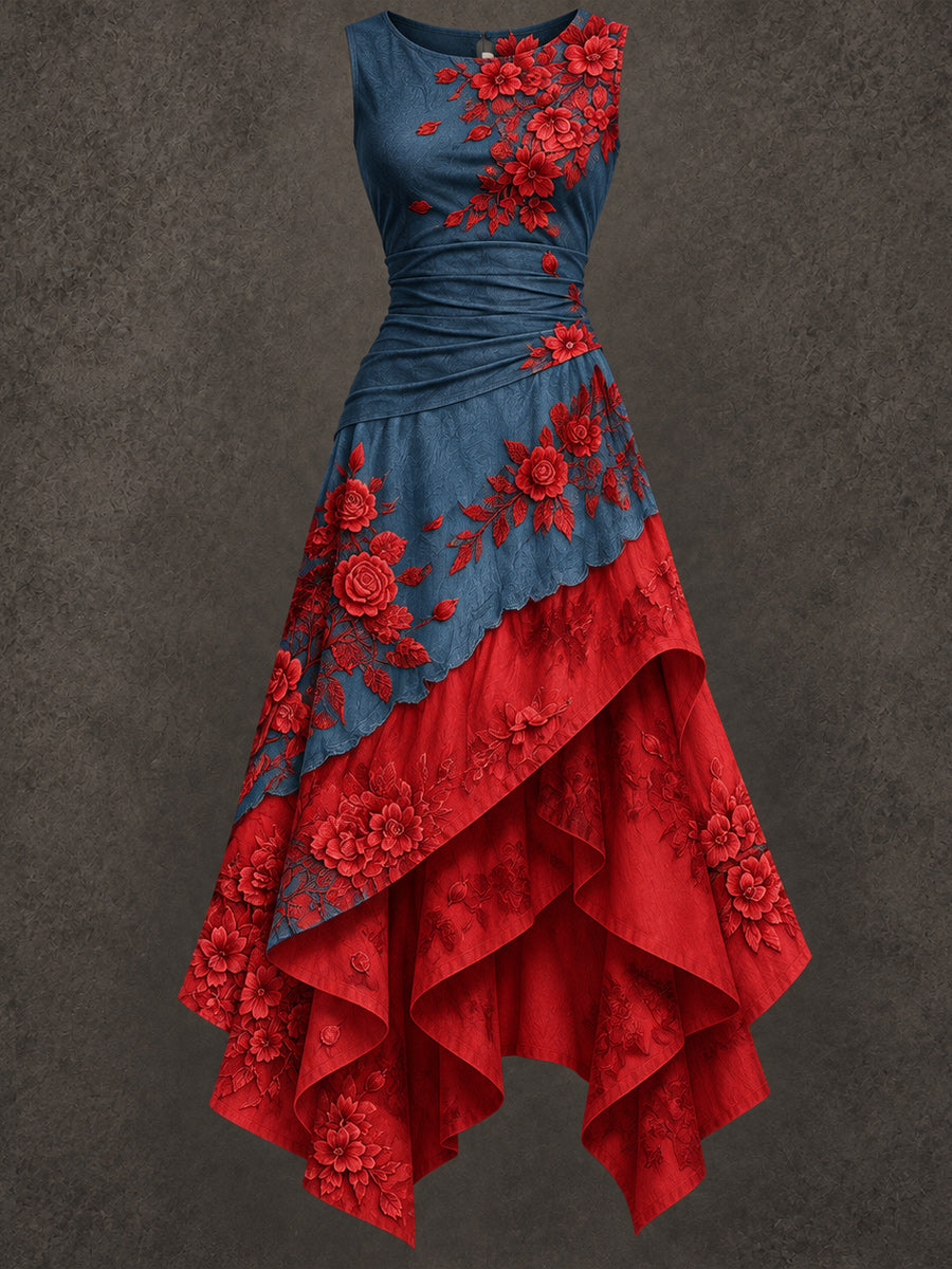 Retro Art Printed Vintage Sleeveless Irregularly Layered Stitched Midi Dress